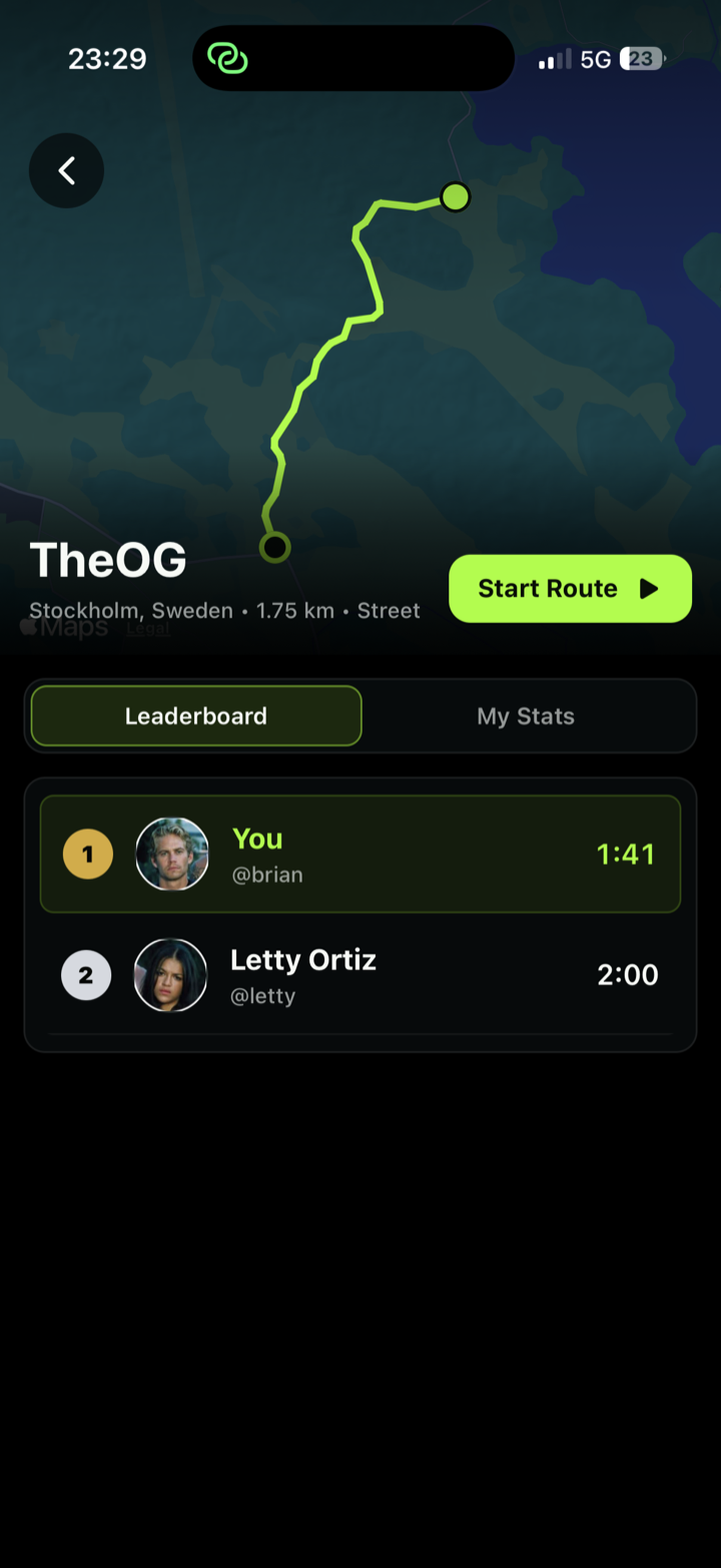 Route leaderboard comparing friends' best times